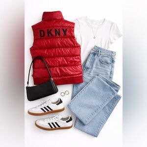 DKNY Red Quilted Puffer Vest with Logo